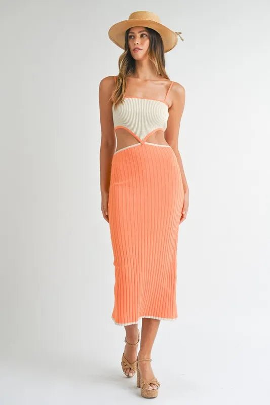 MABLE Ribbed Knit Color Block Cutout Midi Dress - Gown and Grace