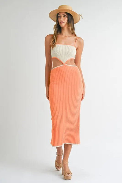 MABLE Ribbed Knit Color Block Cutout Midi Dress - Gown and Grace