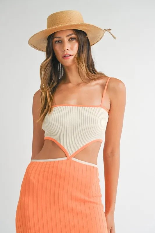 MABLE Ribbed Knit Color Block Cutout Midi Dress - Gown and Grace