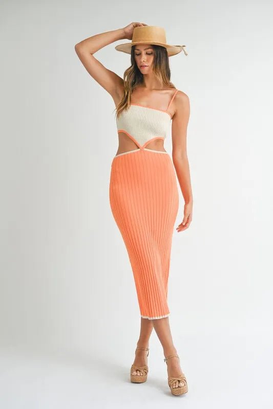 MABLE Ribbed Knit Color Block Cutout Midi Dress - Gown and Grace
